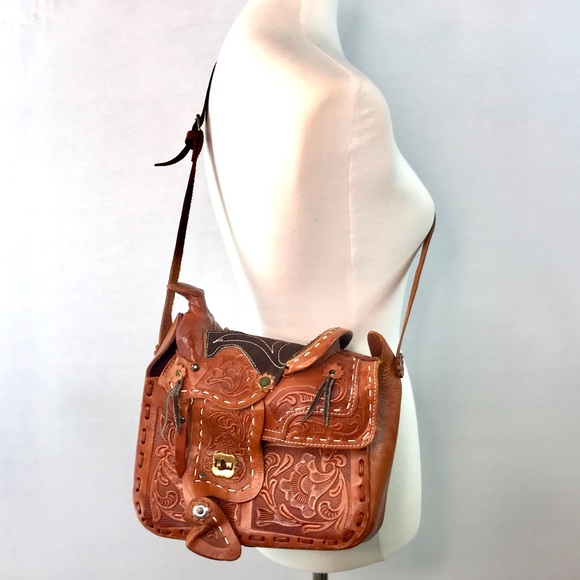 Vintage Rare Tan Stamped Hand Tooled Embossed Leather Saddle Top Shoulder Bag - Picture 2 of 16